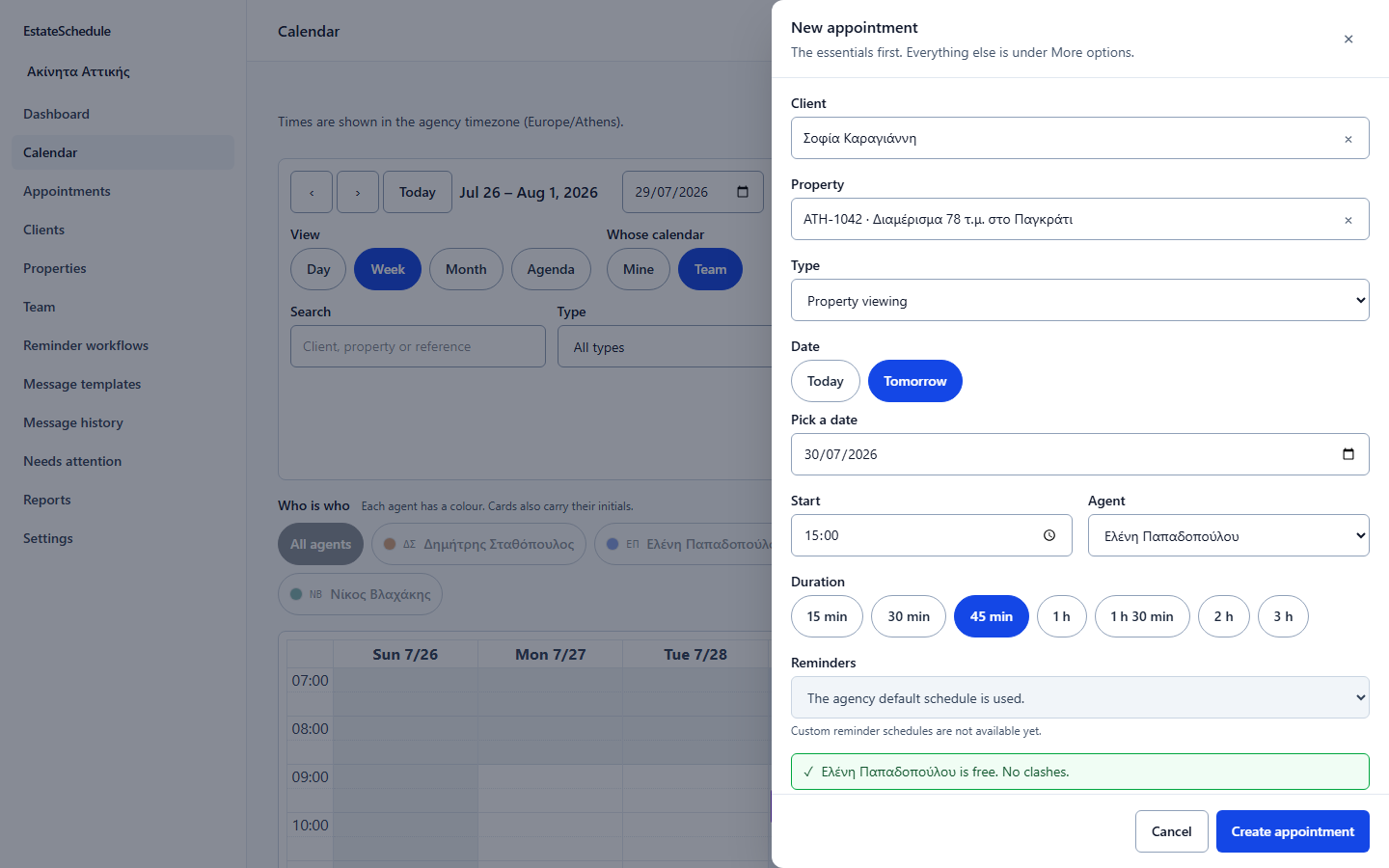 A screenshot of the product: the booking panel, with a clash warning above the save button and a field for the reason to book over it.