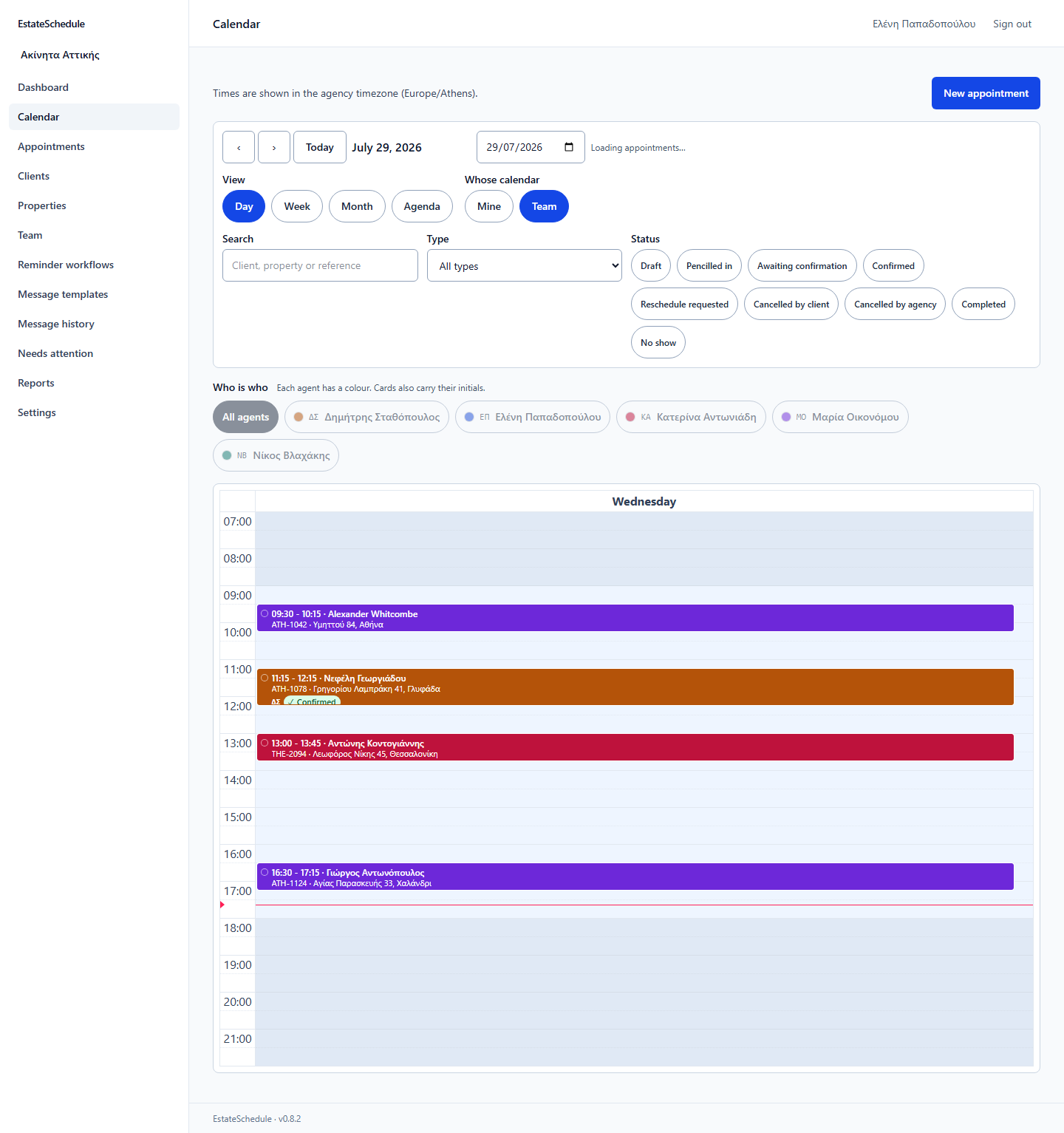 A screenshot of the product: the day view, with appointments set against the hours of the day and the agent marked on each one.
