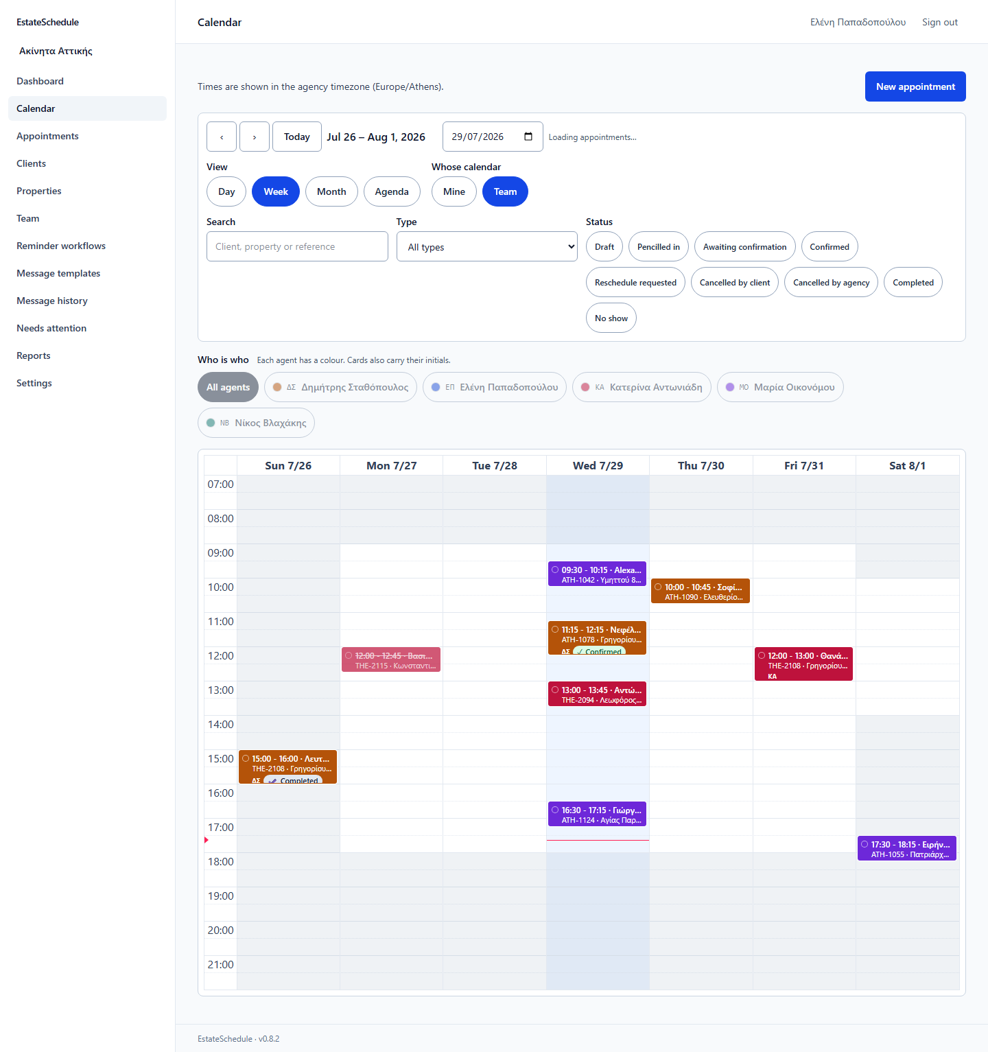 A screenshot of the product: the week view of an agency diary, with each agent's viewings in their own colour and the confirmation status beside every appointment.